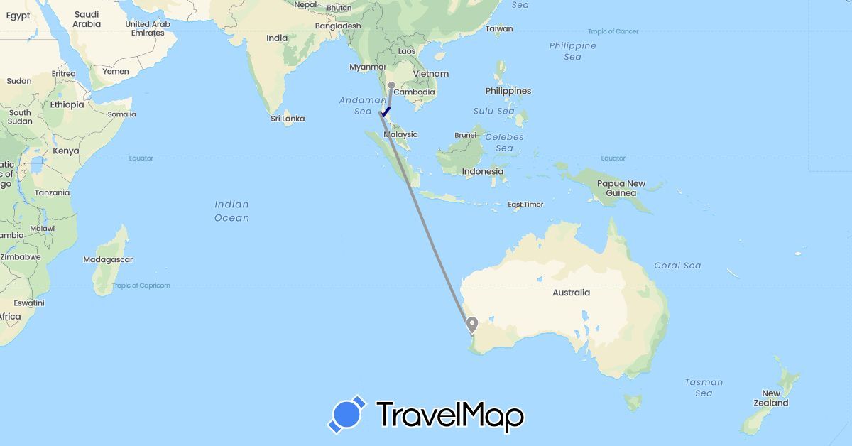 TravelMap itinerary: driving, plane in Australia, Thailand (Asia, Oceania)